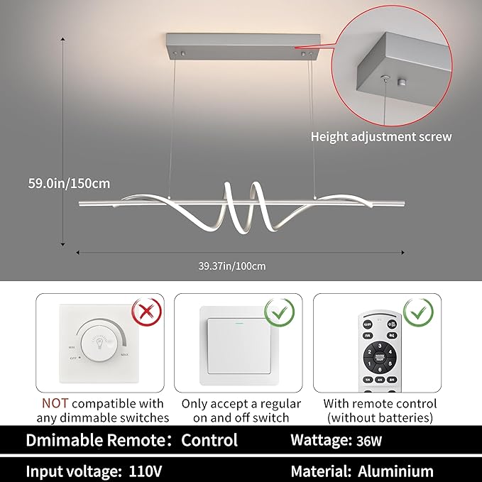 Modern LED Pendant Light, 39.37in Silver Chandelier Dimmable,3000K-6000K Adjustable Color Temperature, Aluminum Modern Kitchen Light Fixture for Dining Room