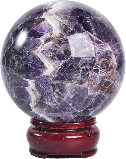 JIC Gem 2.7-3.1 inch(70-80mm) Large Chevron Amethyst Crystal Ball Healing Crystals Sphere with Wooden Stand Meditation Home Decor