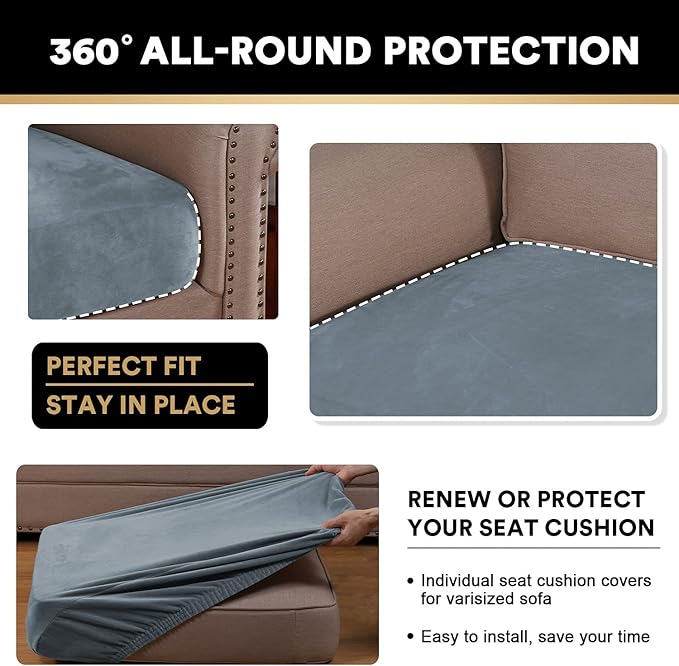 PrinceDeco Velvet Stretch Couch Cushion Covers, Sofa Slip Covers for 3 Seat Cushion Couch Chair Loveseat Sofa Cushion Furniture Protector Sofa Cover (Each Width Up to 29.5", Stone Blue)