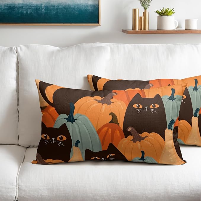 Halloween Pumpkin Fall Pillow Covers 12x20 Set of 2 Burnt Orange Black Cat Print Decorative Autumn Lumbar Outdoor Pillowcases with Zipper Farmhouse Holiday Throw Cushion Case Decor for Couch Sofa Bed