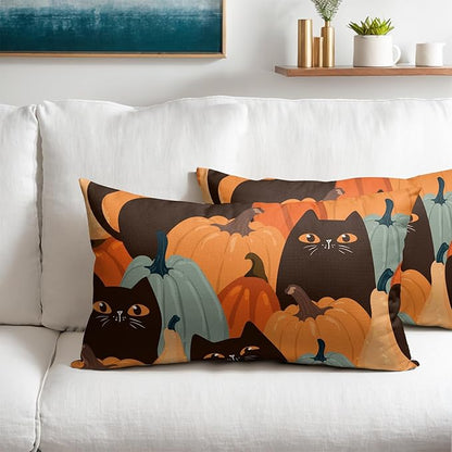 Halloween Pumpkin Fall Pillow Covers 12x20 Set of 2 Burnt Orange Black Cat Print Decorative Autumn Lumbar Outdoor Pillowcases with Zipper Farmhouse Holiday Throw Cushion Case Decor for Couch Sofa Bed