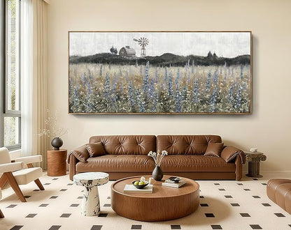 Nicetop Extra Large Vintage Framed Wall Art Nature Wilderness Lavender Flower Meadow Landscape Retro Farmhouse Windmill Barn Wildflower Canvas Print Oversized Artwork for Living Room Office 86x 39inch