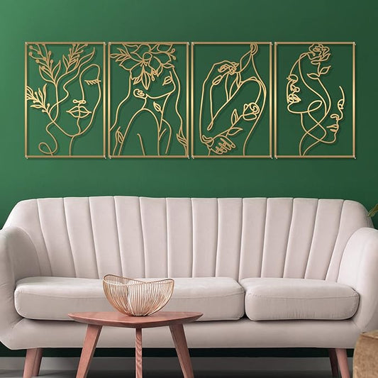 Glamativity 4 Pack Gold Wall Art Decor, Female Flower Face Lover Minimalist Décor Single Line Art Wall Décor, Real Metal Wall Art, Woman's Body Shape Abstract Wall Art, for Kitchen Bedroom Living Room (Gold Floral Lady Style, M Size 17 x 11.8'')