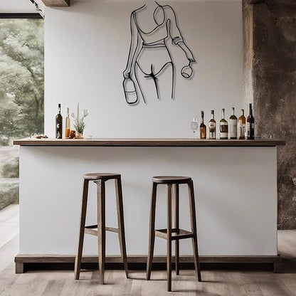 Metal Wall Art Woman Drinking Wine, Modern Minimalist Abstract Line Sculpture, Feminine Wall Decor for Living Room, Dining Room, Bar, Kitchen, Perfect Wine Lover Birthday Housewarming Gift – Black 30.3"x21.7"