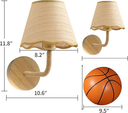 Set of Two Stick-On Hand Woven Wall Sconces, Battery Operated Wireless Wall Sconces with Remote Controlled, Adjustable Brightness Living Room Wall Decor(E26 Bulb Included)