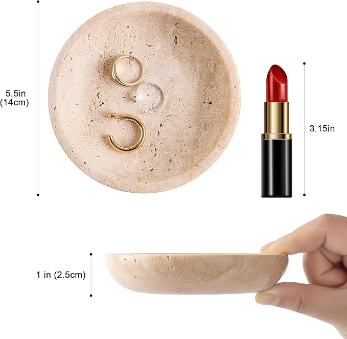Natural Marble Travertine Ring Dish Jewelry Tray 5.5" for Women, Marble Trinket Dish for Key Earring Nightstand, Mother's Day Engagement Birthday Gift - Beige Travertine