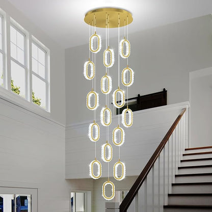 Modern Gold Ring Chandelier for High Ceiling Long Stair Chandeliers for Foyer LED Crystal Ring Drop Chandelier Dimmable 2700K-6000K 16-Light