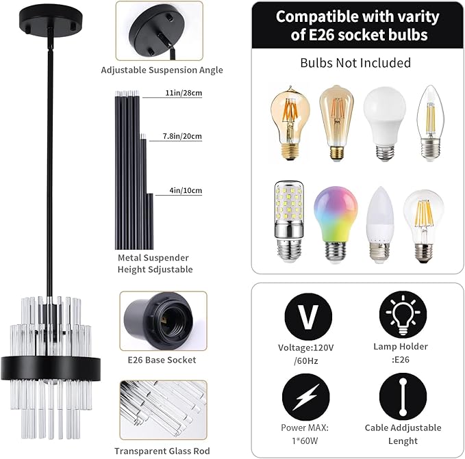 Pendant Light Fixtures, 7inch Modern Glass Pendant Lights, Matte Black Kitchen Island Lighting, Height Adjustable Pendant Lighting (Matte Black, 1 Pack)