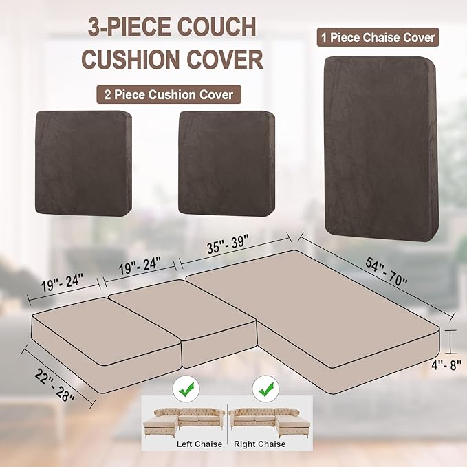 NAISI Sectional Couch Cover 3 Pieces Velvet Separate Couch Cushion Covers L Shape Soft Stretch Sofa Slipcovers with 2pcs Pillowcases for Left/Right Chaise Sectional Couch(2 Seater+1 Chaise,Brown)