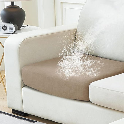 NAISI Waterproof Couch Cushion Covers Thick Velvet Fabric Washable Sofa Slipcovers 1 Piece Individual Sectional Couch Covers with Elastic Bottom(1 PC for Seat Cushion or Backrest,Sand)