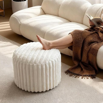 Luxury Round Stuffed Floor Poufs Ottoman, Stripe Faux Fur Footrest with Dual Layer Comfort, Removable Washable Cover, 20"x15" Plush Pouf Shaggy Stool for Living Room Bedroom Vanity, Beige