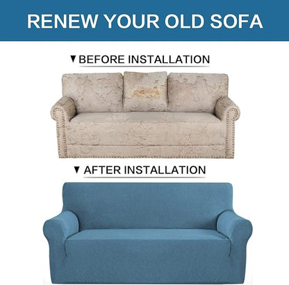 H.VERSAILTEX Stretch Sofa Covers Couch Covers for 2 Cushion Couch Sofa Pet Friendly with Elastic Bottom, Textured Checked Jacquard Fabric(Loveseat 58"-70" Wide, Dusty Blue)