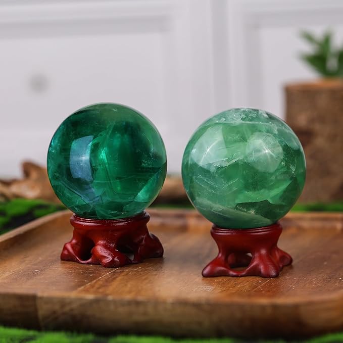 SUNYIK Natural Fluorite Ball Sphere with Resin Stand Polished Crystal Sphere Stone Figurine Decor for Home Office Tabletop, 2-2.3"(51-60mm)