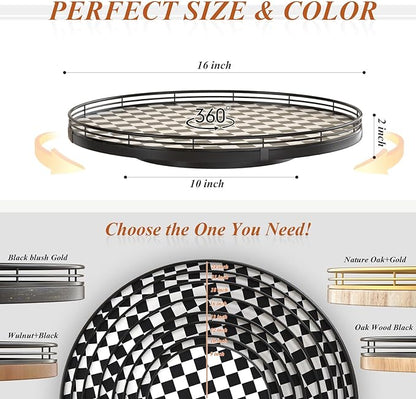 16" Black and White Kitchen Lazy Susan Turntable, Round Checkered Decorative Tray, Large Lazy Susan for Dining Table Centerpiece, Pantry, Kitchen, Bathroom, Countertop, Cupboard, Home Decor