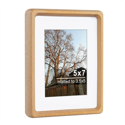 TEYCLZORE 5x7 Natural Wood Picture Frame, Handmade Beech Wood Photo Frame, Display 3.5x5 Picture with Mat or 5x7 Without Mat, Tabletop Display and Wall Hanging