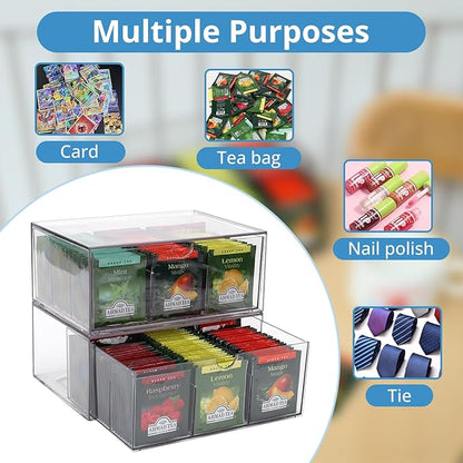 2 Large Acrylic Tea Bag Organizer, 9 Grids Tea Organizers and Storage with Acrylic Drawers Stackable, Teabag Holder Organizer for Counter Countertop Kitchen Cabinet