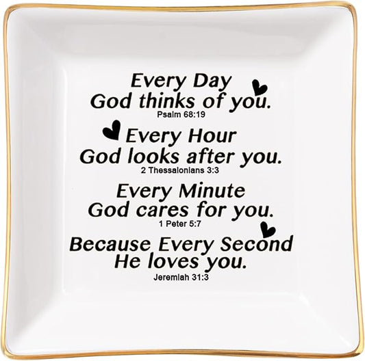 Christian Gifts for Women Faith Jewelry Dish with Bible Verse Prayers, Religious Gifts Scripture Gifts Spiritual Gifts for Women Men Friends Birthday - Every Second God He Loves You