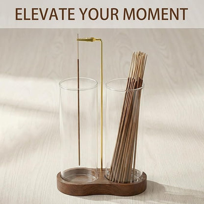 Incense Holder,Wooden Incense Holder for Sticks with 20 Incense Sticks, Anti-ash Incense Burner with Glass Ash Catcher, Wood Incense Holder 20 Stick (2 Glass Ellipse Base)