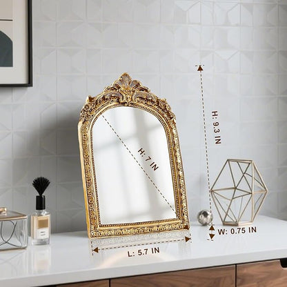 YUSONG Vintage Makeup Desk Mirror - 7" Gold Antique Mirror for Tabletop Resin Frame Decorative Wall Art for Living Room, Bedroom Decor, Vanity Table