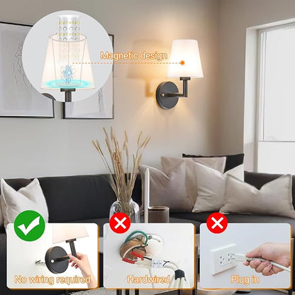 Battery Operated Wall Sconces Set of 2, Wireless Wall Light with 10000mAh RGB Dimmable Magnetic Bulb, Rechargeable Wall Sconce with Remote Control for Bedroom Living Room