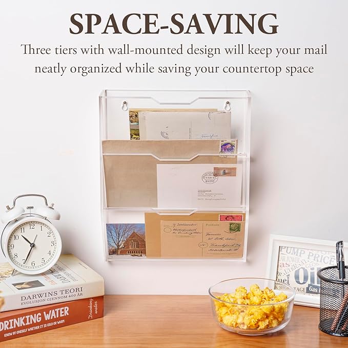 MyGift 3 Tier Mail Sorter, Premium Clear Acrylic Wall Mounted Letter Holder, Home Entryway or Office Document Organizer Rack