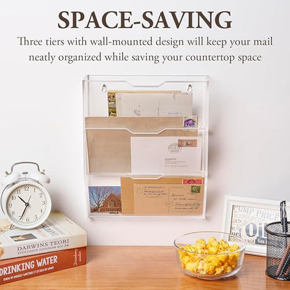MyGift 3 Tier Mail Sorter, Premium Clear Acrylic Wall Mounted Letter Holder, Home Entryway or Office Document Organizer Rack