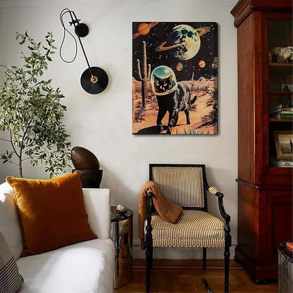 Ijeroain Black Space Cats Wall Art Funny Cat Wall Decor Pictures Cat astronaut painting artwork Cosmic planet Whimsical Print for Boys and Girls Room Bedroom home decoration 16x24in Canvas