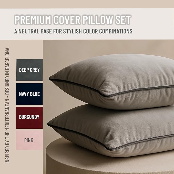 2 Pack Velvet Decorative Throw Pillow Covers, 18"x18", Dove Grey, Solid, Modern, Contrast Piping, Indoor Use, Bedroom & Living Room