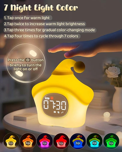 Star Alarm Clock with Night Light for Kids with Sleep Training and Sound Machine, Rechargeable Silicone Lamp OK to Wake Clock，Cute Animal Tabletop Lamp, Perfect Sleep Companion for Boys Girls, Yellow