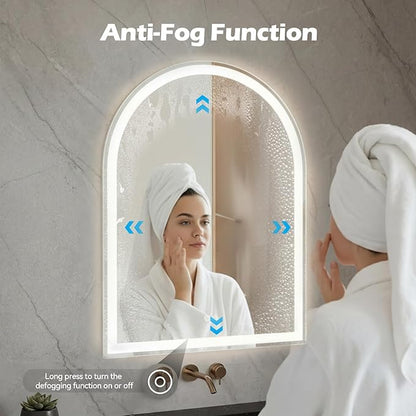 Sweetcrispy 24"×36" LED Bathroom Mirror with Lights, Arched Vanity Mirror with Anti-Fog, Dimmable, 3-Color Light, Memory Function, Tempered Glass