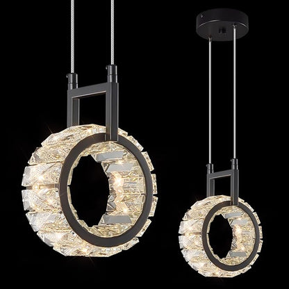Kitchen Island Mini Light Fixture Modern Led Crystal Pendant Light Black Round Chandelier for Dining Room Living Room Kitchen Bedroom Bar（1-Pack）