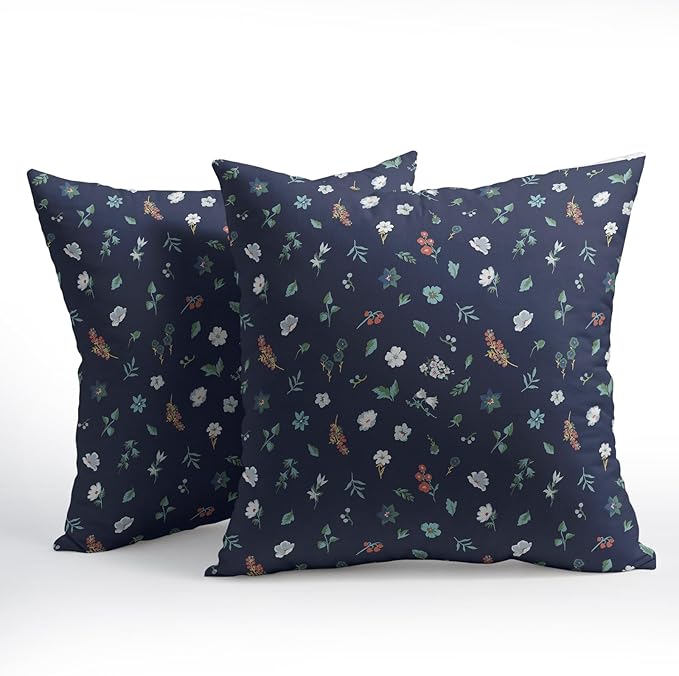 Vitage Floral Pillow Covers 18x18 Set of 2 Navy Green Spring Flower Leaf Pattern Rustic Decorative Outdoor Farmhouse Zipper Boho Pillowcases Decorations Throw Cushion Cover Decor for Couch Sofa Bed