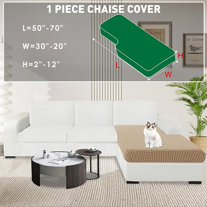 MAXIJIN Couch Cushion Covers for Sectional Sofa, Stretch Sofa Cushion Cover Washable Furniture Protector with Elastic Bottom & Non-Slip Strap for Pets Kids (1PC Chaise Cover, Khaki)