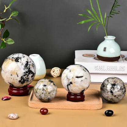 JIC Gem Natural Black and White Tourmaline Crystal Sphere with Wooden Stand Black Quartz Crystal Ball Healing Ornament Specimen Altar Reiki Crystal 60-70mm