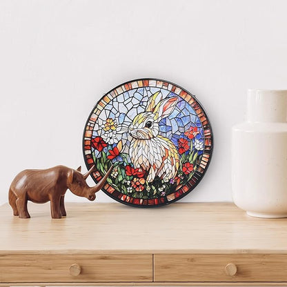 Rabbit Stained Glass Window Hanging, 7.8" Round Sun Catcher Hand Painted Wall Art Decor with Chain, Unique Housewarming Gifts for Couples, Home