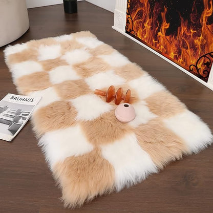 Fluffy Faux Fur Brown and White Checkered Rug，Small Area Rug,2x4 Ft Ultra Soft Shaggy Plush Rug for Bedroom Living Room Bedside Nursery Kids Room