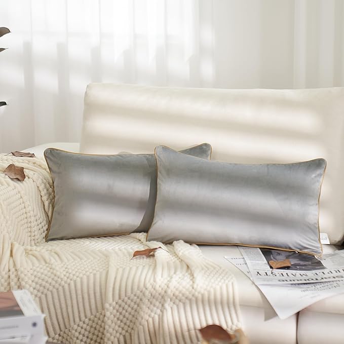 Aeckself Pack of 2 Luxury Velvet Gray Lumbar Pillow Covers 12 x 20 Inch, Modern Decorative Pillowcase with Gold Trim Edge, Comfortable Soft Solid Cushion Case for Couch Bedroom Living Room
