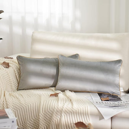 Aeckself Pack of 2 Luxury Velvet Gray Lumbar Pillow Covers 12 x 20 Inch, Modern Decorative Pillowcase with Gold Trim Edge, Comfortable Soft Solid Cushion Case for Couch Bedroom Living Room
