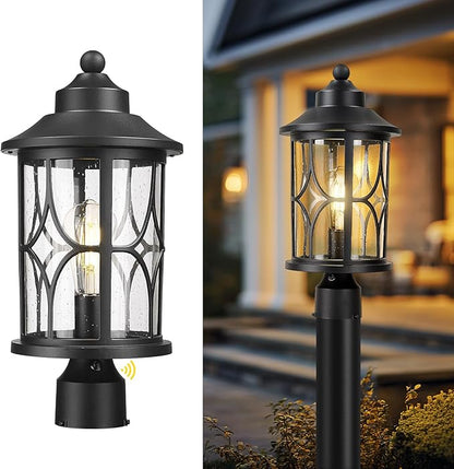 zeyu Outdoor Pole Light Fixture, 16.9 Inch Dusk to Dawn Sensor Post Light with Photocell Sensor, Black Pier Mount Light with Seeded Glass Shade, ZX48MP PC BK