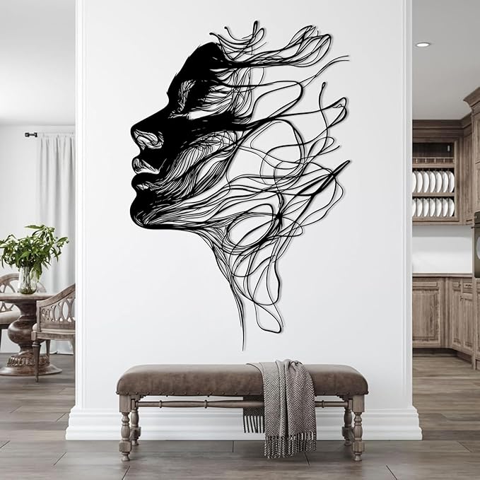 BIANGING Modern Woman Face Metal Wall Decor, Abstract Woman Face Metal Wall Decor, Abstract Female Line Wall Art, Minimalist Line Wall Art for Bathroom Living Room Bedroom (White, 30"x20"/76x51cm)