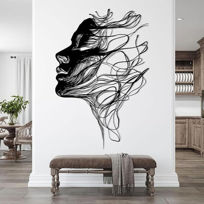 BIANGING Modern Woman Face Metal Wall Decor, Abstract Woman Face Metal Wall Decor, Abstract Female Line Wall Art, Minimalist Line Wall Art for Bathroom Living Room Bedroom (Silver, 48"x32"/121x81cm)