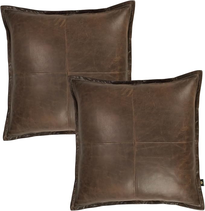 LL LEATHER LOVERS Lambskin Leather Pillow Cover - Sofa Cushion Case - Decorative Throw Covers for Living Room & Bedroom, 18x18 Inches - Chiku Brown Box Pack of 2