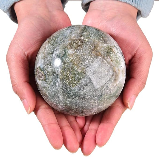 Large Moss Agate Crystal Sphere Natural Healing Crystal Ball with Stand Meditation Decorative Balls Home Decor 90-100mm/3.5-3.9"