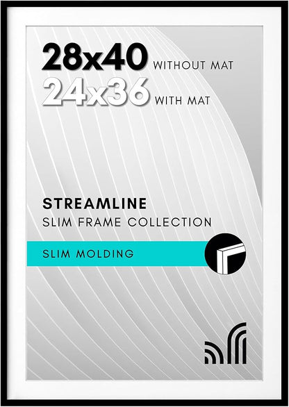 Americanflat 28x40 Poster Frame with Polished Plexiglass - Use as 24x36 Frame with Mat or Display 28x40 Photo Without Mat - Streamline Collection - Thin Border Picture Frames for Wall - Black
