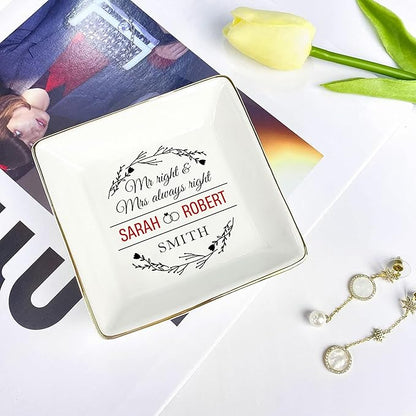 Custom Couple Jewelry Tray Wedding Gifts for Bride and Groom, Personalized Mr and Mrs Ring Dish, Engagement Ceramic Ring Holder, Newlywed Trinket Plate, Gift for Romantic Anniversary