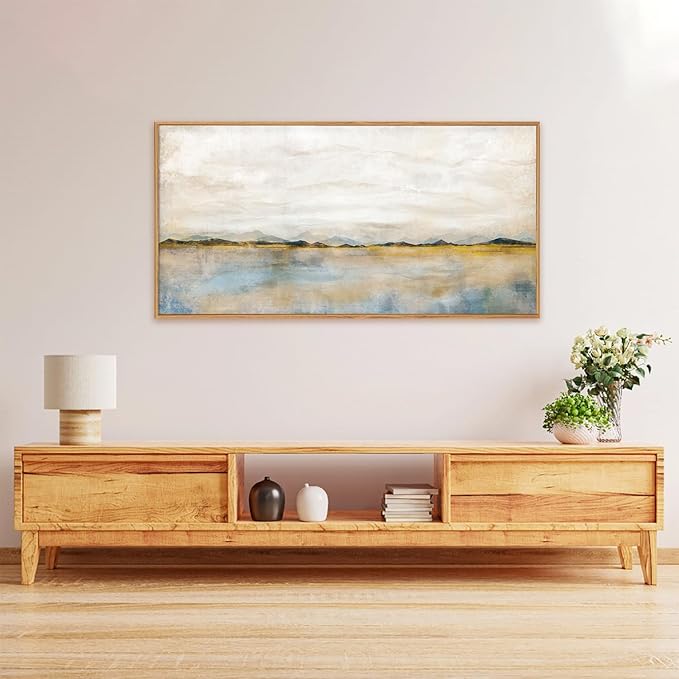 HLNIUC Large Abstract Horizontal Wall Art,Neutral Distant Mountain Wall Decor 20x40, Watercolor Beige Dusty Nature Landscape Painting, Modern Pastel Scenery Art Prints for Living Room, Bedroom, Office