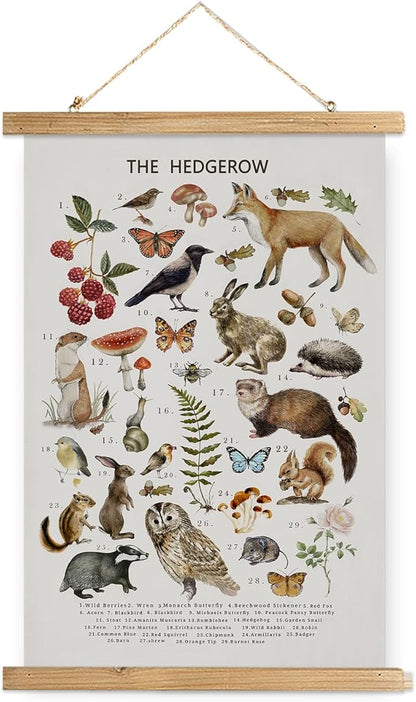 XIAOAIKA British Hedgerow Wildlife Educational Poster - Illustrated Nature Chart with Wooden Frame - Countryside Animals and Plants Wall Art for Home, School, or Nature Reserve Decor 20 x 30 Inches