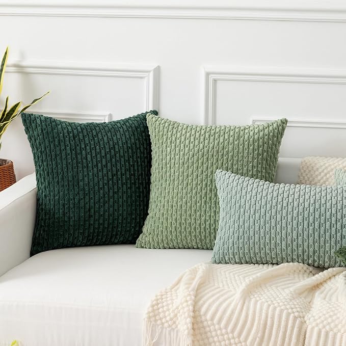 Kevin Textile Christmas Decorative Pillow Covers Set of 2 Striped Plush Corduroy Pillows Pillowcases Boho Home Decor Cushion Covers for Couch Sofa Bed Living Room 18x18 Inch, Army Green