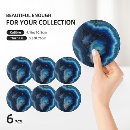 6 Pcs Ceramic Coasters with Holder Absorbent Drink Round Blue Agate Geode Print Design for Home Table Coffee Cup Wine Beer Bar,Size 4.4 inches