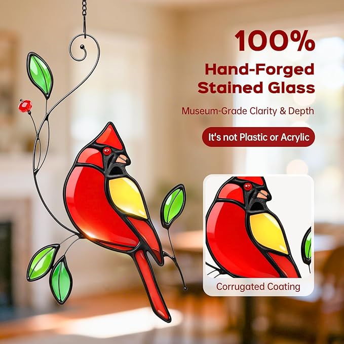 Cardinal Stained Glass Window Hanging, IDEA SHOW Red Cardinal Suncatcher, Real Glass Window Hanging Ornament, Handmade Bird Home Decor Memorial Gift for Women, Mom, Bird Lover